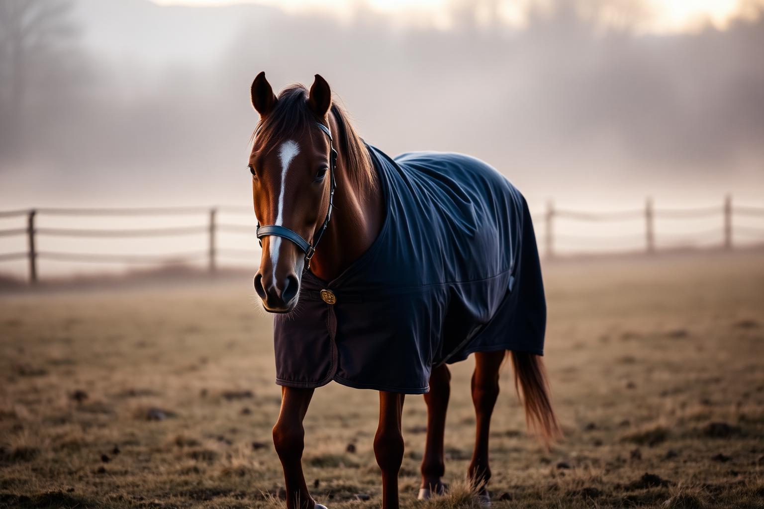 Horse in blanket at dawn
